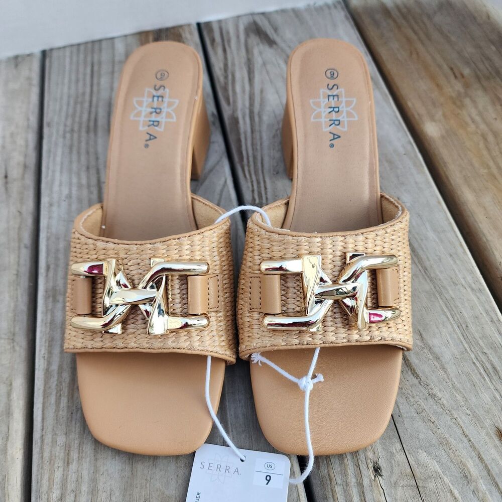 Serra Brown Block Heel Woven Design Gold Buckle Sandles Womens Size 9
